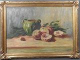 an oil painting of peachs and a green vase on a table