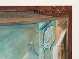 a painting of a building with a clock on it