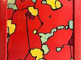 painting of a red frame with yellow and blue paint on it