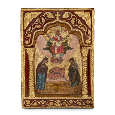 un tableau dans un cadre doré et rouge sur lequel figure une image de Jésus