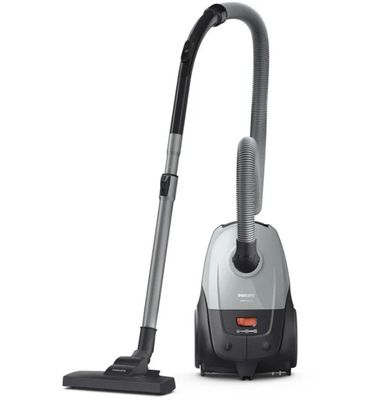 un aspirateur argenté et noir sur fond blanc