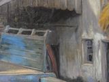 a painting of a blue truck parked in front of a building