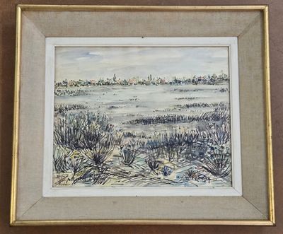 framed watercolor painting of a landscape with a river and trees