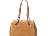 a brown handbag with chain handles and a chain strap