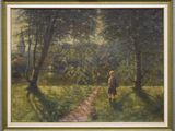 une peinture à l'huile représentant une personne marchant sur un sentier dans un champ