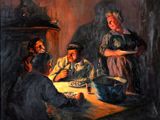 a painting of a woman serving food to a group of people