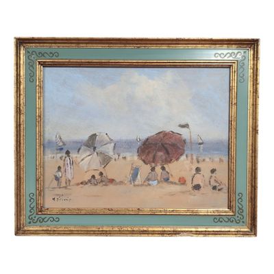 tableau représentant une scène de plage avec des personnes et des parasols par une journée ensoleillée