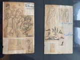 two pages of old paper with drawings of people and animals