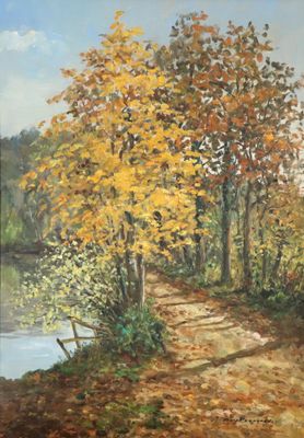 une peinture à l'huile représentant un sentier dans les bois au bord d'une rivière
