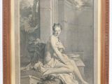 a painting of a woman sitting on a bed with a man in the background