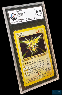 La carte Pokémon se trouve dans un étui en plastique transparent sur fond noir.