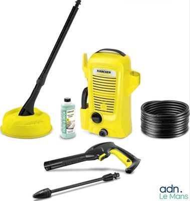 a close up of a yellow pressurer, hose, and other cleaning supplies