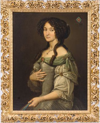 portrait of a lady in a green dress holding a fan