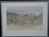 a watercolor painting of a mountain scene in a white frame