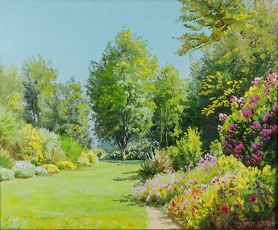 une image représentant un tableau d'un jardin avec des fleurs et des arbres