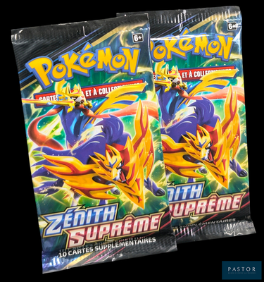 Deux paquets de cartes à collectionner Pokémon sont représentés sur un fond noir.