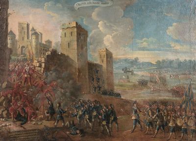 un vieux tableau représentant une scène militaire avec un château en arrière-plan