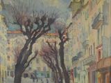 painting of a city street with a couple of trees in the middle of the street