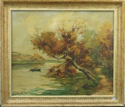un tableau représentant un bateau sur une rivière, avec un arbre au premier plan