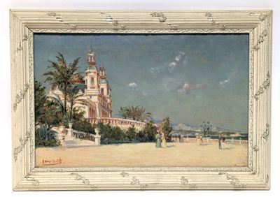 an image of a painting of a beach scene with a church in the background