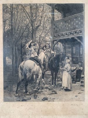 a black and white photo of a group of people riding horses