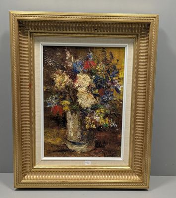 une image d'une peinture de fleurs dans un vase sur une table
