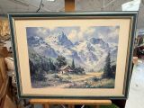 painting of a mountain scene with a cabin in the foreground