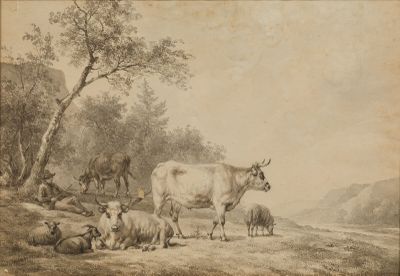 a drawing of a cow and sheep in a field