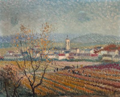peinture représentant un paysage avec un village au loin et un arbre au premier plan
