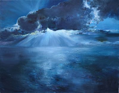an oil painting of a large cloud over a body of water