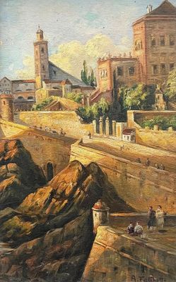 tableau représentant une vue d'une ville avec un château sur la colline