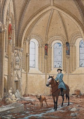 a painting of a man riding a horse with a dog