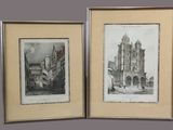 deux reproductions encadrées représentant une église et un bâtiment, accrochées au mur