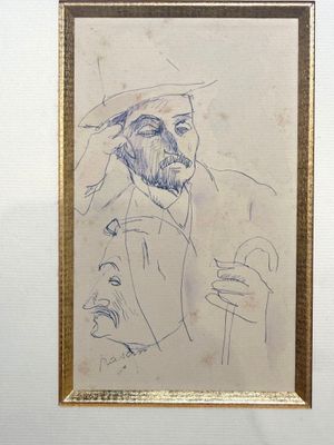 drawing of a man with a hat and a cane in a gold frame