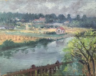 painting of a landscape with a river and houses in the distance
