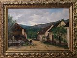 une photo d'un tableau représentant une scène de vie à la ferme, dans un cadre doré