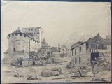 drawing of a village scene with a man and a woman in the foreground and a building in the background