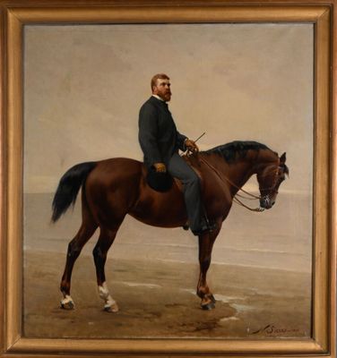 painting of a man sitting on a horse on a beach