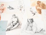 sketches of a woman sitting on a bed with her legs crossed