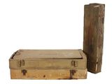 two old suitcases sitting next to each other on a white surface