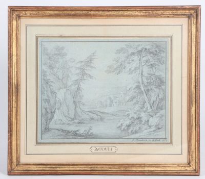 a drawing of a wooded landscape with trees and a river