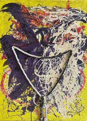 une peinture représentant un oiseau sur fond jaune