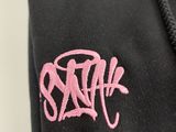 black hoodie with a pink logo on the chest
