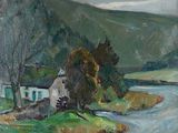 an oil painting of a river running through a lush green field