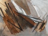 peinture abstraite représentant une toile marron et blanche accrochée à un mur blanc