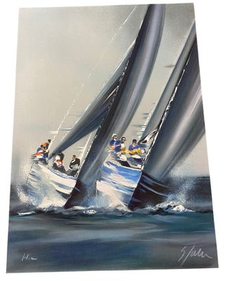 an oil painting of a group of sailboats racing in the ocean
