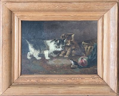 a painting of a dog and a cat playing with a ball