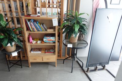 une étagère avec des livres dessus et une plante dans un coin