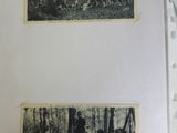 two black and white photos of people in the woods on a sheet of paper