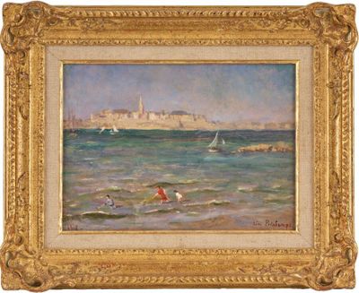 une peinture à l'huile représentant un voilier en mer, avec un château en arrière-plan